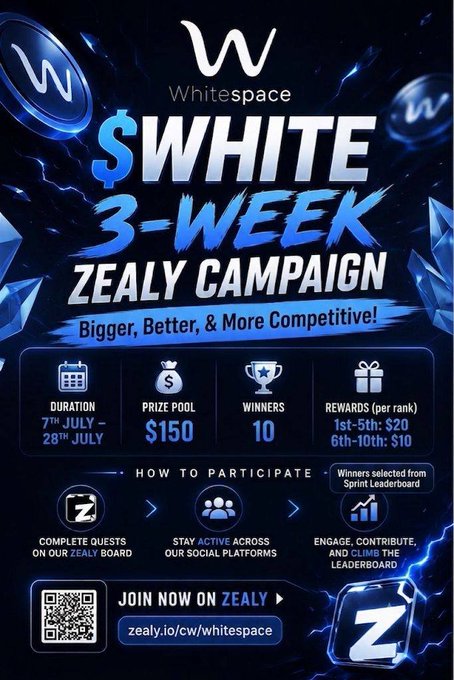 A promotional poster for the '$WHITE 3-WEEK ZEALY CAMPAIGN' by Whitespace, running July 7th-28th with a $150 prize pool, 10 winners, and rewards of $20 for 1st-5th and $10 for 6th-10th place.