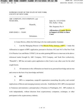 A court order from the Supreme Court of the State of New York (Index No. 15119/2024) where I, Cohasset, Mass.-based Plaintiff John Does 1-10 are ordered to show cause against Defendant New York County Clerk regarding the affirmation of James M. Bransfield in a third-party subpoena enforcement action involving the Biometric Policy Institute, Inc. (BPI), which holds a long-term Bitcoin reserve being threatened by the legal proceedings.
