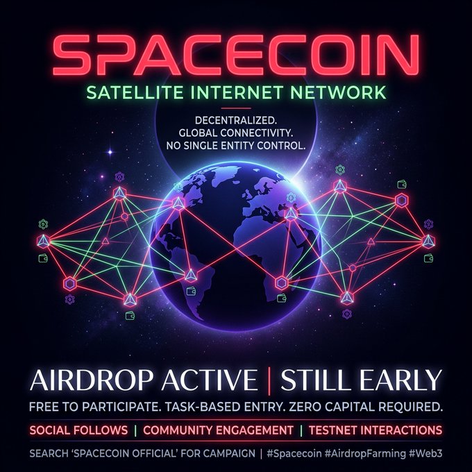 A promotional graphic for 'SPACECOIN Satellite Internet Network' advertising an active airdrop with decentralized global connectivity messaging.