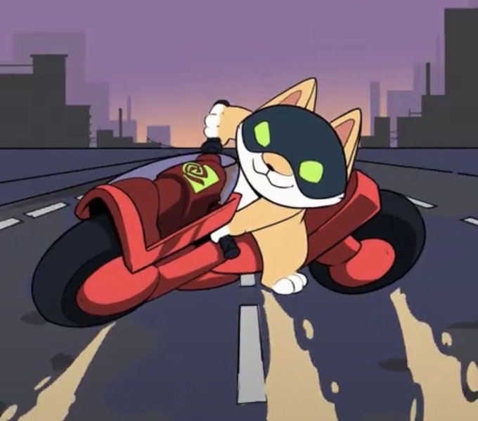 A cartoon cat wearing a futuristic helmet rides a sleek red hoverbike on a highway toward a city skyline at dusk, with the accompanying post referencing $AI token's $200M valuation and its deep Nvidia exposure positioning it as a key crypto rail for Nvidia-linked capital.