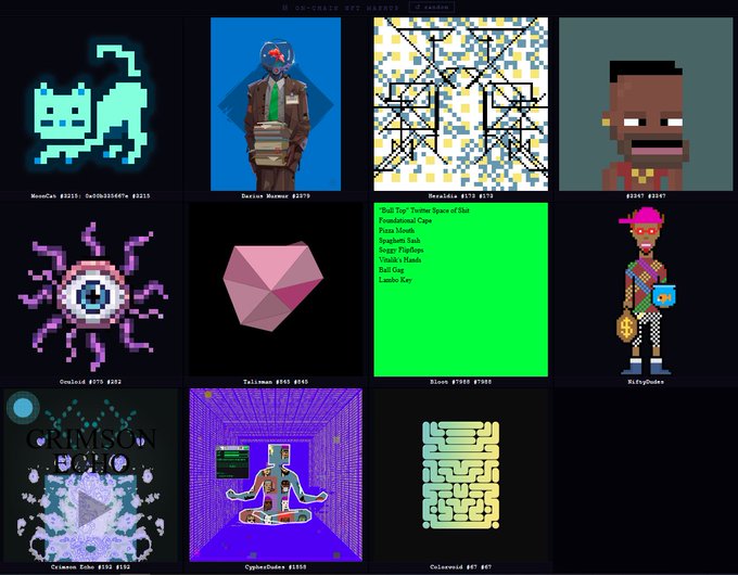 The image features a grid of nine different artworks, each with its own unique style and theme. The artworks include various illustrations such as a cat, a person wearing a suit, a pink heart, a green square, a maze, a robot, a maze, and a robot. These artworks are displayed in a grid format on the image, showcasing their individual characteristics and artistic expressions.