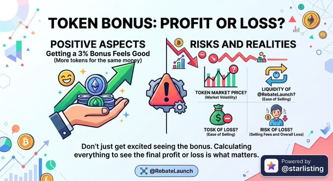 An infographic titled “TOKEN BONUS: PROFIT OR LOSS?” contrasts “POSITIVE ASPECTS” with “RISKS AND REALITIES,” mentioning bonuses, token market price, risk of loss, liquidity, and “@RebateLaunch,” “@starlisting.”