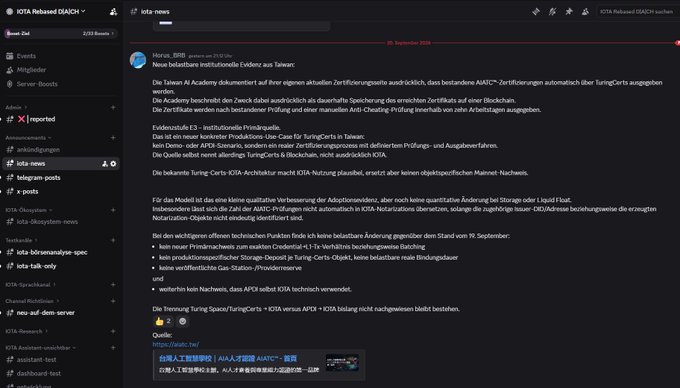 A screenshot of a Discord chat in the 'iita-news' channel showing a message titled 'Neue beispiellose institutionelle Evidenz aus Taiwan' dated 25. September 2024.