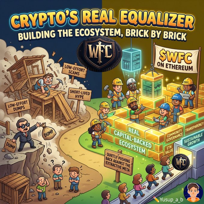 The image features a cartoon depiction of a group of people working together to build an ecosystem using bricks as their primary resource. The scene takes place outdoors with various elements such as trees, buildings, and a river. The people are depicted wearing hard hats for safety while they work on constructing the brick-based system. In the background, there is a sign that reads "WFC Backed by @WFC_fund & @WFCCommunity26". This suggests that the project is backed by two organizations: WFC and the community of funders who support it. The image also includes text that says "Crypto's Real Equalizer", which implies that the project aims to create a fair and balanced system for all participants involved in its construction.