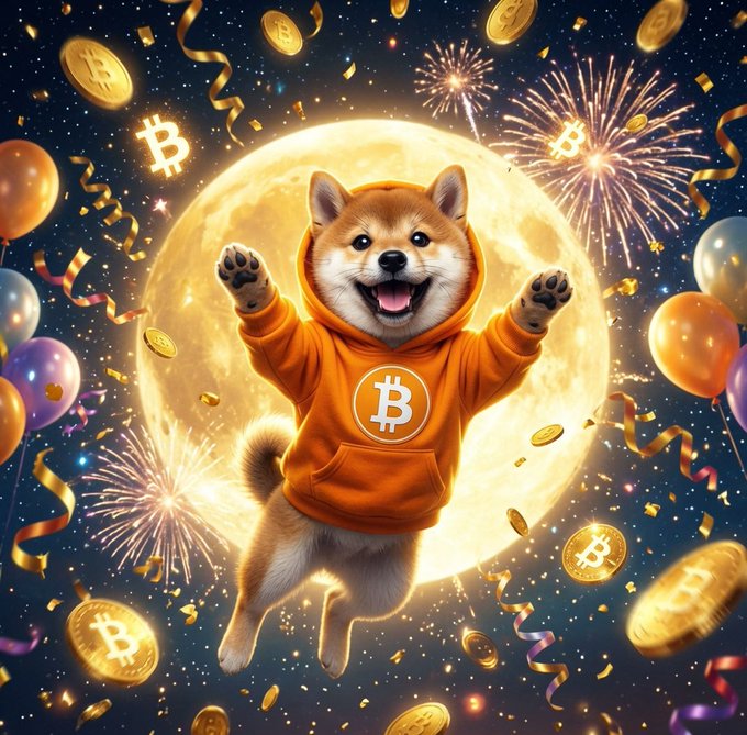 A joyful Shiba Inu wearing an orange Bitcoin hoodie leaps joyfully against a glowing full moon, surrounded by fireworks, balloons, and floating Bitcoin ($BTC) coins and logos in a celebratory scene that captures the playful excitement of the $DOG meme.