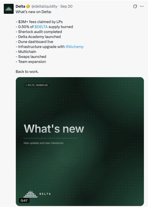 Delta (@deltaliquidity) announces updates including $3M+ in LP fees, a 0.50% $DELTA supply burn, a completed Sherlock audit, and the launch of Delta Academy, a Dune dashboard, Multichain, and Swaps—providing context for the ongoing discussion of $DELTA's role in the next phase of RH Chain.