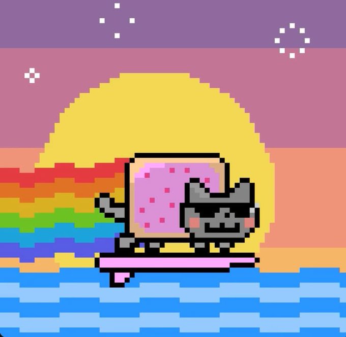 A pixel art illustration of Nyan Cat, the gray cat with a Pop-Tart body and rainbow trail, flying across a starry sky with a yellow moon.
