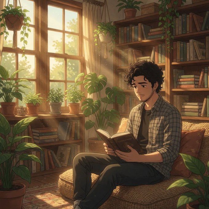The image features a man sitting on a chair with an open book in front of him. The scene takes place near a window, which allows natural light to illuminate the room. There are several potted plants placed around the space, adding greenery and life to the environment. A keyboard is also visible nearby, suggesting that this could be a workspace or a cozy reading nook within someone's home.