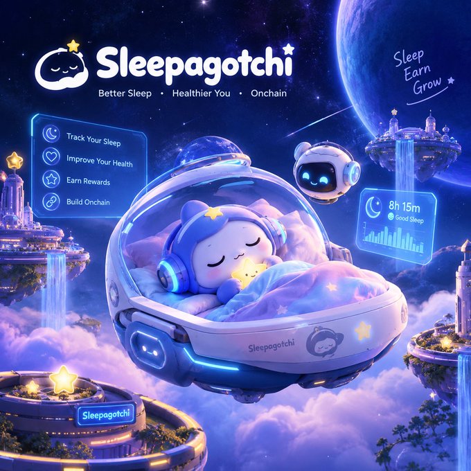 Promotional graphic for 'Sleepagotchi' featuring a cute blue character sleeping in a futuristic bed, with text highlighting features: 'Track Your Sleep', 'Improve Your Health', 'Earn Rewards', and 'Build Onchain'.