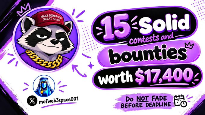 A purple-themed promotional graphic featuring a raccoon wearing a 'MAKE MEMECOINS GREAT AGAIN' cap, advertising '15 Solid contests and bounties worth $17,400' by mofweb3space001.