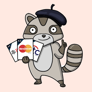A cartoon raccoon wearing a black beret holds three credit cards—one Mastercard, one Visa, and one labeled "B" and "CA"—standing as a playful nod to the phrase "comfortably holding art history," since the art-historian stereotype (and the beret) is humorously traded for a modern wallet flex.