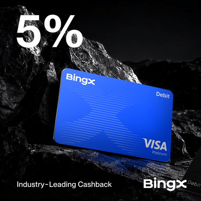 A blue BingX Visa Platinum Debit card is displayed against a dark rocky background, prominently featuring a large "5%" and the text "Industry-Leading Cashback" alongside the BingX logo. The image highlights BingX as the top cashback option in the comparison mentioned, advertising its up to 5% return rate that outpaces competitors like Ether.fi (1%), KAST (1.5%), and Coinbase (up to 4%).