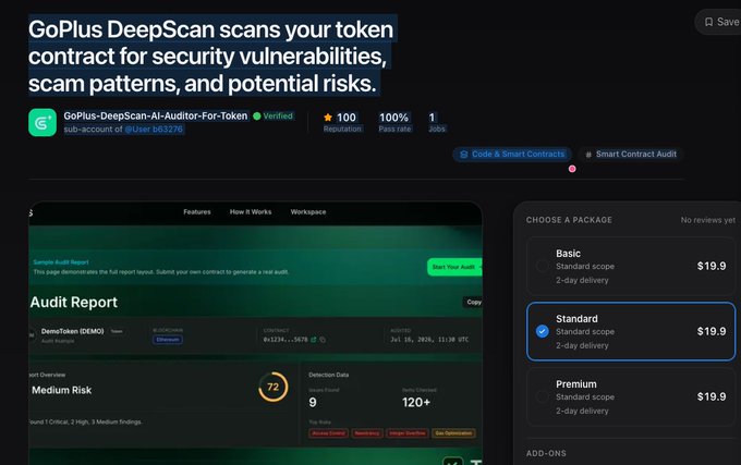 A webpage interface for "GoPlus DeepScan," an AI auditor for token smart contracts, displaying an audit report for DemoToken (DEMO) with a Medium Risk score of 72 and pricing packages starting at $19.9.