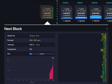 A cryptocurrency mining dashboard showing multiple Antminer ASICs with hash rates and a 'Next Block' statistics section detailing median fee and transactions.