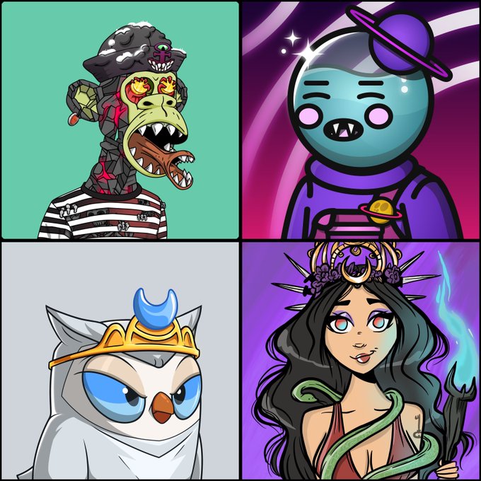 A four-panel illustration featuring a zombie-like duck character, a purple-clad alien, an owl wearing a crown, and a dark-haired woman with a snake and a blue flame.