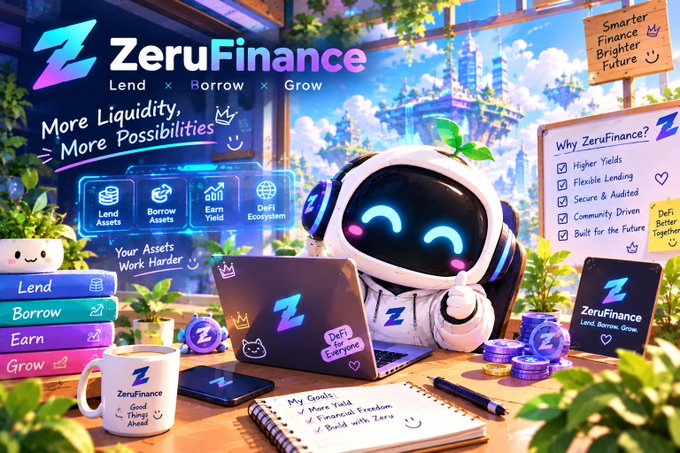 A colorful promotional graphic for 'ZeruFinance' with the tagline 'Lend x Borrow x Grow' and 'More Liquidity, More Possibilities,' featuring a cute robot character working on a laptop surrounded by branding materials like mugs and notebooks.
