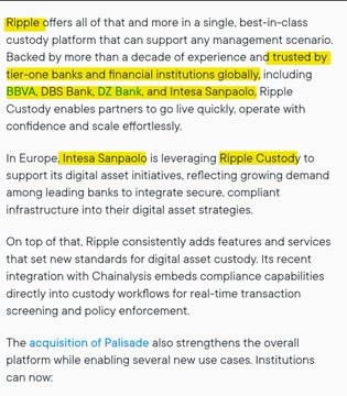 The image shows highlighted text from a Ripple promotional article listing global banking partners—including BBVA, DBS Bank, DZ Bank, and Intesa Sanpaolo—along with acquired companies like Chainalysis embeds and Palisade, emphasizing Ripple's custody platform for tier-one banks and financial institutions.