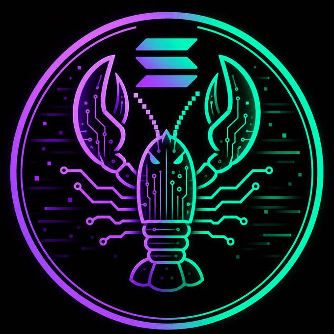 A neon cyberpunk-style circular logo featuring a lobster combined with a lightbulb in gradient purple and teal colors, with circuit board lines radiating outward against a black background.