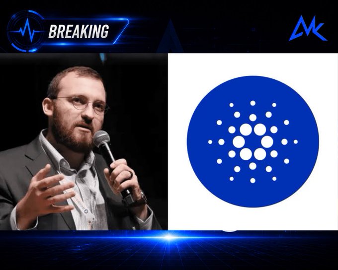 The image is a split-screen news graphic with a "BREAKING" banner and a channel logo in the top corners. On the left, Charles Hoskinson is shown speaking into a microphone while gesturing with his hand, and on the right is the blue Cardano (ADA) logo. The graphic relates to the post by visually pairing Hoskinson with the Cardano brand to highlight his commentary on the data center boom and crypto's integration with AI.