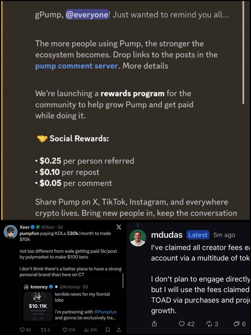 A screenshot of a post by gPump detailing a social rewards program offering $0.25 per referral, $0.10 per repost, and $0.05 per comment, along with replies from Xeer, kmoney, and mdudas.