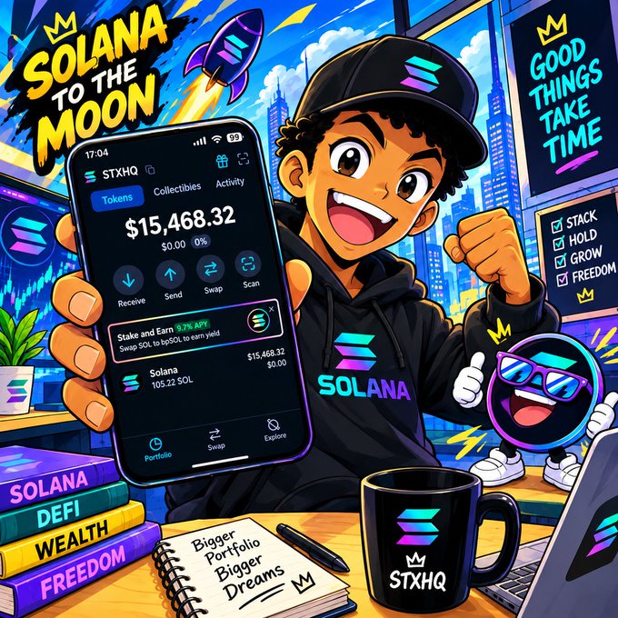 A vibrant cartoon image shows a character celebrating a Solana portfolio worth $15,468.32 on the STXHQ wallet app, surrounded by crypto-themed items like "SOLANA TO THE MOON" text, a rocket, and slogans like "GOOD THINGS TAKE TIME" and "STACK HOLD GROW FREEDOM," likely used to promote a $400 Bybit giveaway by appealing to the crypto/DeFi community.