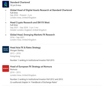 A LinkedIn profile summary for Nado showing 10 years 8 months of experience with roles at Standard Chartered (Global Head of Digital Assets Research, Head Crypto Research and EM FX West, Global Head Emerging Markets FX Research), Morgan Stanley (Head Asia FX & Rates Strategy), and Nomura (Head of European FX Strategy).