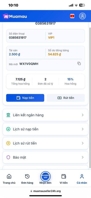 A Vietnamese mobile app interface for 'muamau' showing an account dashboard with VIP1 status, balance of 54.625g, assets of 2.500g, and various menu options including deposit and withdrawal history.