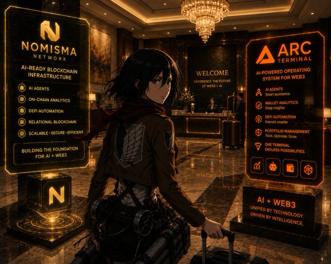 Anime-style illustration of a character in a luxurious hotel lobby featuring two holographic displays: 'NOMISMA NETWORK - AI-Ready Blockchain Infrastructure' with features like AI Agents, On-Chain Analytics, DeFi Automation, and 'ARC TERMINAL - AI-Powered Operating System for Web3' advertising Wallet Analytics, DeFi Automation, and Portfolio Management.