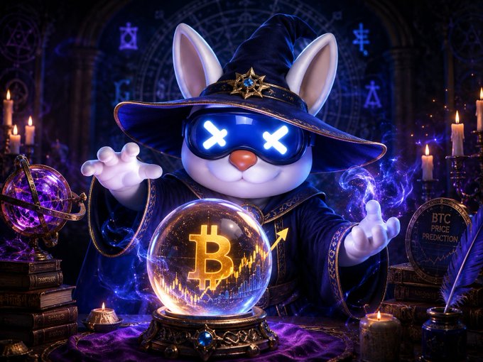 An AI-generated illustration of a cute rabbit character dressed as a wizard with glowing X eyes, casting spells around a crystal ball containing a Bitcoin chart, with a sign reading "BTC PRICE PREDICTION."
