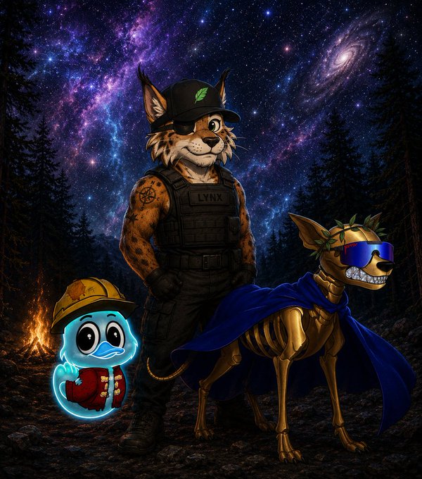 A surreal digital illustration of anthropomorphic and skeletal cat figures in a forest at night, including a lynx-like character in tactical gear labeled 'LYNX', a blue ghost-like duck, and a skeletal cat wearing a blue cape and goggles, all set against a starry galaxy sky.