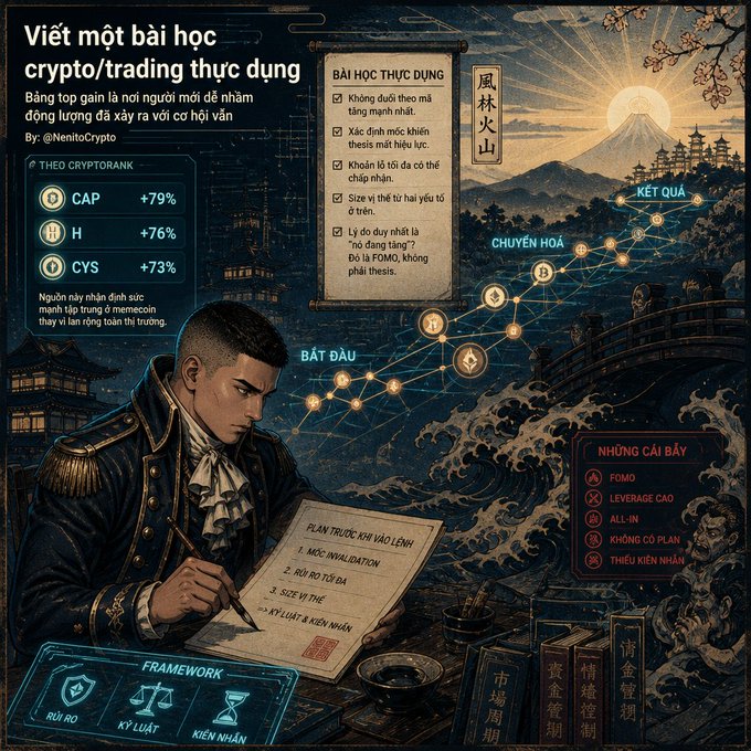 A Vietnamese-language infographic titled 'Viết một bài học crypto/trading thực dụng' featuring a character writing a trading plan, with sections on 'BÀI HỌC THỰC DỤNG', 'CHUYỂN HÓA', and 'NHỮNG CÁI BẪY' (FOMO, Leverage cao, All-in).