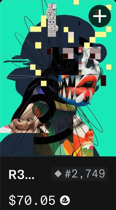 Digital NFT artwork titled "R3..." displayed on a marketplace, showing a price of $70.05 (#2,749) with an abstract portrait featuring sharp teeth, red lips, and pixelated elements on a green background.