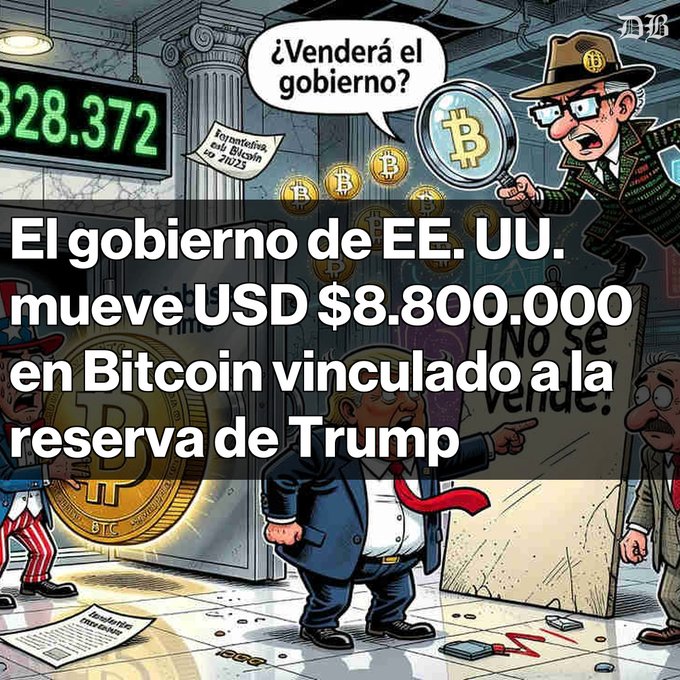 A Spanish-language political cartoon about Bitcoin with the caption '¿Venderá el gobierno?' and overlay text reading 'El gobierno de EE. UU. mueve USD $8.800.000 en Bitcoin vinculado a la reserva de Trump'.