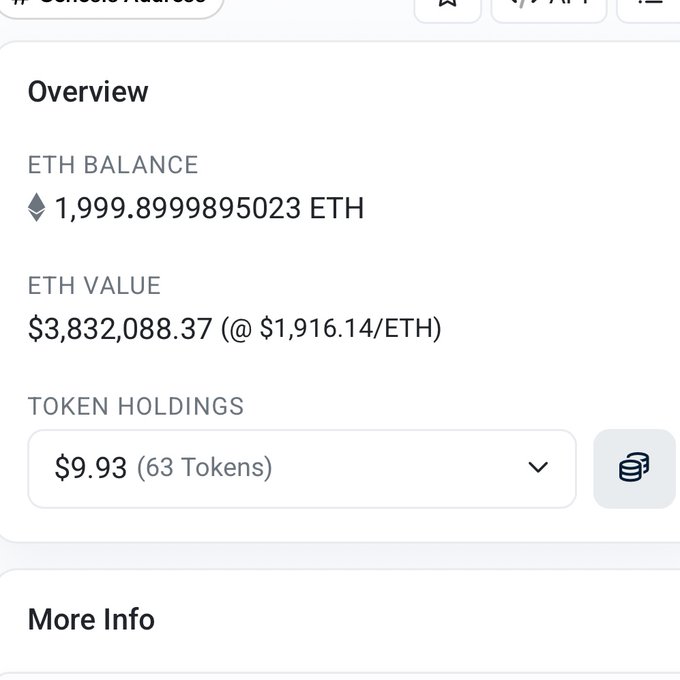 A cryptocurrency wallet overview screen showing an ETH balance of 1,999.8999895023 ETH valued at $3,832,088.37 (at $1,916.14/ETH), plus token holdings of $9.93 across 63 tokens.