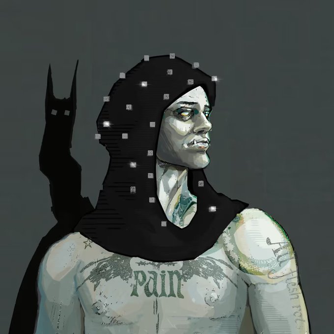 A dark, stylized digital artwork of a hooded figure with a Batman-like silhouette in the background, featuring tattoos including the word 'pain' across the chest.