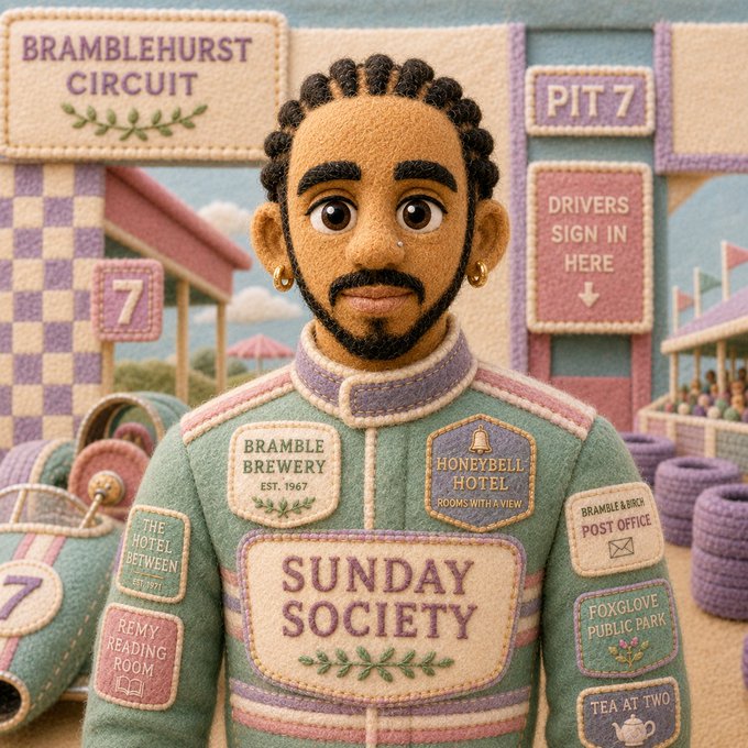 A 3D-rendered, felt-like illustration of a man wearing a racing jacket covered in patches reading 'BRAMBLEHURST CIRCUIT', 'PIT 7', 'BRAMBLE BREWERY EST. 1967', 'HONEYBELL HOTEL', and 'SUNDAY SOCIETY'.