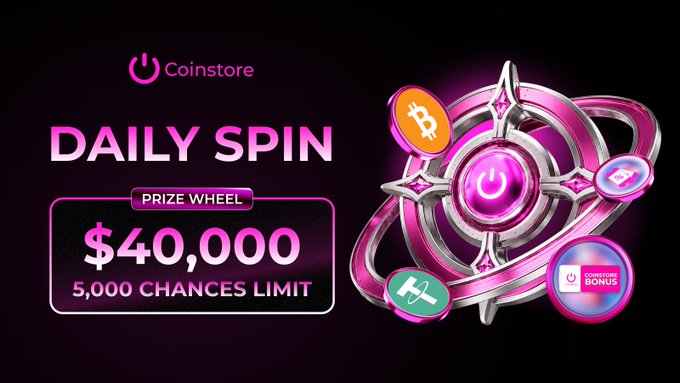 A Coinstore promotional graphic for a 'DAILY SPIN' featuring a prize wheel with a $40,000 prize pool and a 5,000 chances limit.
