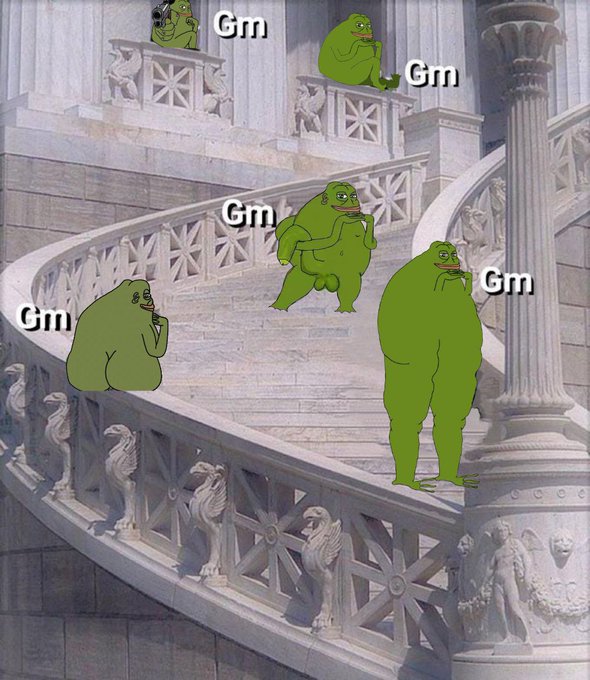 A humorous edit of Michelangelo's Sistine Chapel fresco showing muscular green 'Gigachad' figures on a grand staircase, each labeled with 'Gm' (good morning) text.