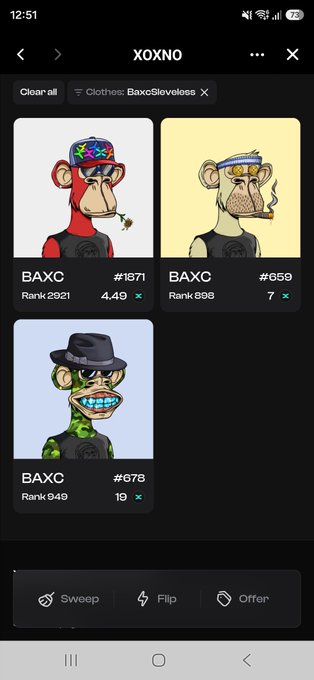 A mobile app screenshot of XOXNO showing three BAXC NFT items from the SaxoSlevoless collection with various traits and ranks, and buttons for Sweep, Flip, and Offer.