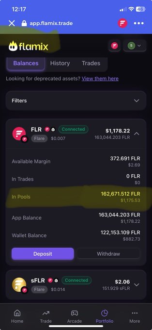 A mobile screenshot of the Flamix trading app showing a connected portfolio with FLR balance of $1,178.22 and 162,671,512 FLR in pools.