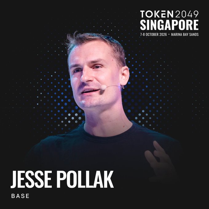 A promotional graphic for TOKEN 2049 Singapore (7-8 October 2026, Marina Bay Sands) featuring Jesse Pollak of Base, shown speaking on stage against a dark blue dotted background.