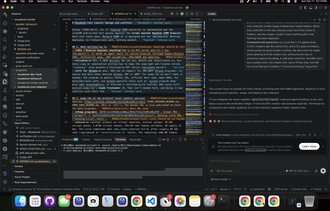 A computer desktop screen shows a code editor (likely VS Code) with an open 'DESIGN.md' file containing notes on a 'Munchbox' product design, alongside a Copilot chat panel.