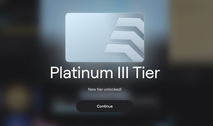 A digital achievement graphic announcing the "Platinum III Tier" has been unlocked, featuring a metallic icon and a "Continue" button. The image visualizes the user's milestone achievement on the Abstract journey mentioned in the post.