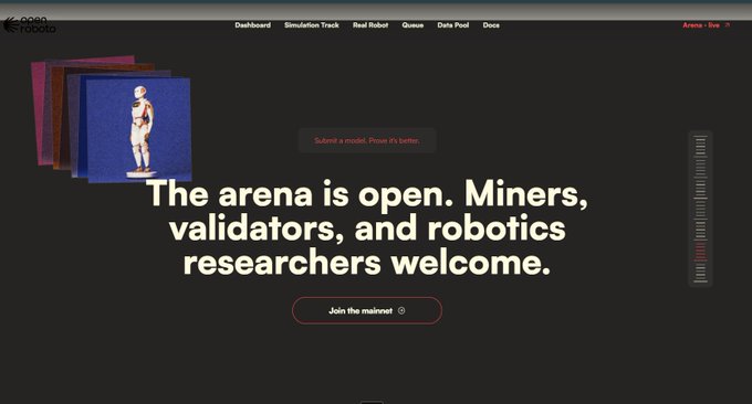 The image shows a website for OpenRobot featuring a humanoid robot figure with the headline "The arena is open. Miners, validators, and robotics researchers welcome" and a "Join the mainnet" button, with a "Submitted a model. Prove it's better" message visible. This relates to the post by illustrating the OpenRobot platform where competition winners earn rewards and their models become the next benchmark on Bittensor's $TAO network, creating a compounding cycle of improved robotics AI through open competition.