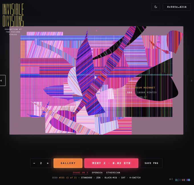 A digital art piece titled 'INVISIBLE DIVISIONS' displayed in a gallery interface, featuring glitch-like overlapping geometric shapes in pink, purple, and blue stripes, with a 'MINT 2 - 0.02 ETH' button.
