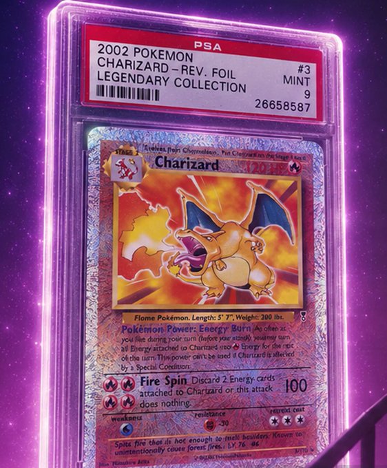 The image showcases a PSA-graded 2002 Pokemon Charizard Reverse Holo card from the Legendary Collection, graded 9 Mint (#3), with certification number 26658587, set against a vibrant purple cosmic background. This rare and highly coveted Charizard card complements the post's theme of the thrill of revealing rare collectibles, though it features a Charizard pull rather than the Epic Blastoise being sought after.