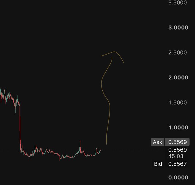 A financial trading chart showing a sharp price drop and an upward hand-drawn arrow, with an Ask price of 0.5569 and Bid of 0.5567.