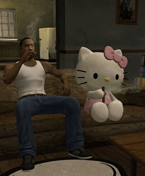 A screenshot from a video game showing a character in a white tank top smoking next to a Hello Kitty figure on a couch.