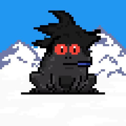 A pixel art image of a black, shadowy creature with glowing red eyes and a blue tongue, sitting against a snowy mountain backdrop under a clear blue sky. The dark, ominous figure with its stark red eyes appears to embody the eerie, AI-generated aesthetic often associated with "slop" imagery.