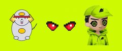 A digital illustration on a green background showing a cartoon mouse, two pixelated hearts, and a green-haired anime-style character.